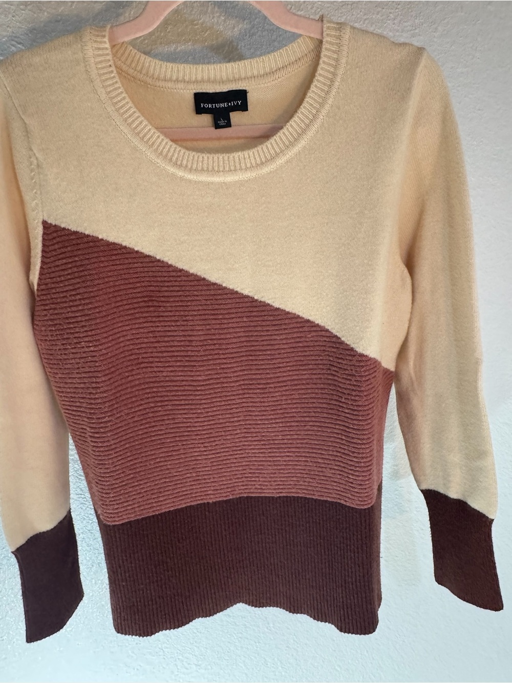 Fortune + Ivy Cream, Burgandy and Brown Colorblock Crewneck Sweater SZ L